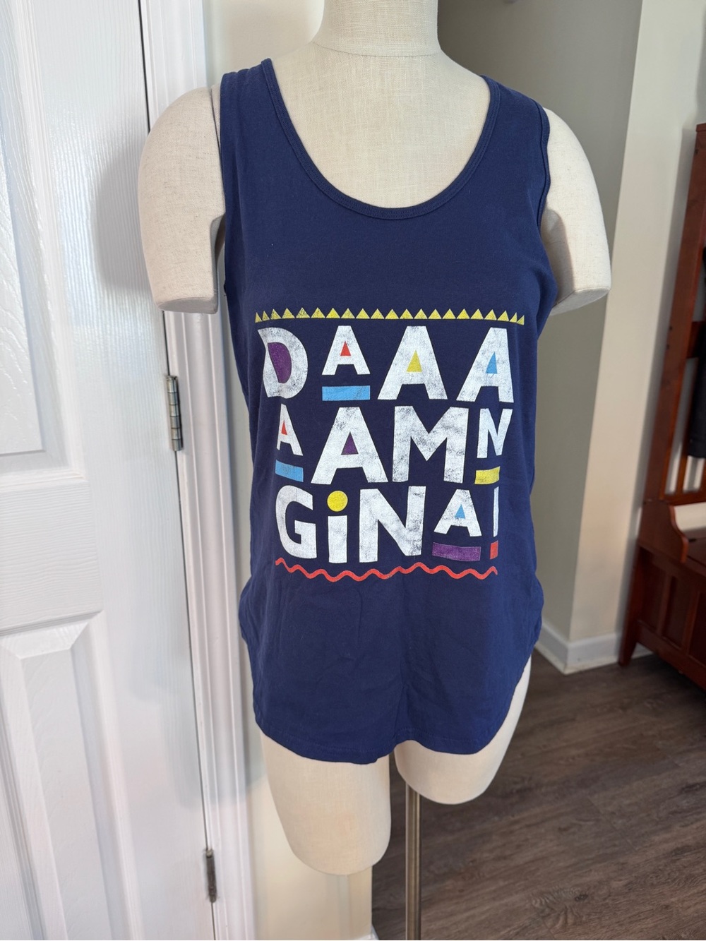 Port & Company “DAAAMN GINA!” Graphic Tank Top Women’s L Blue Cotton Retro EUC